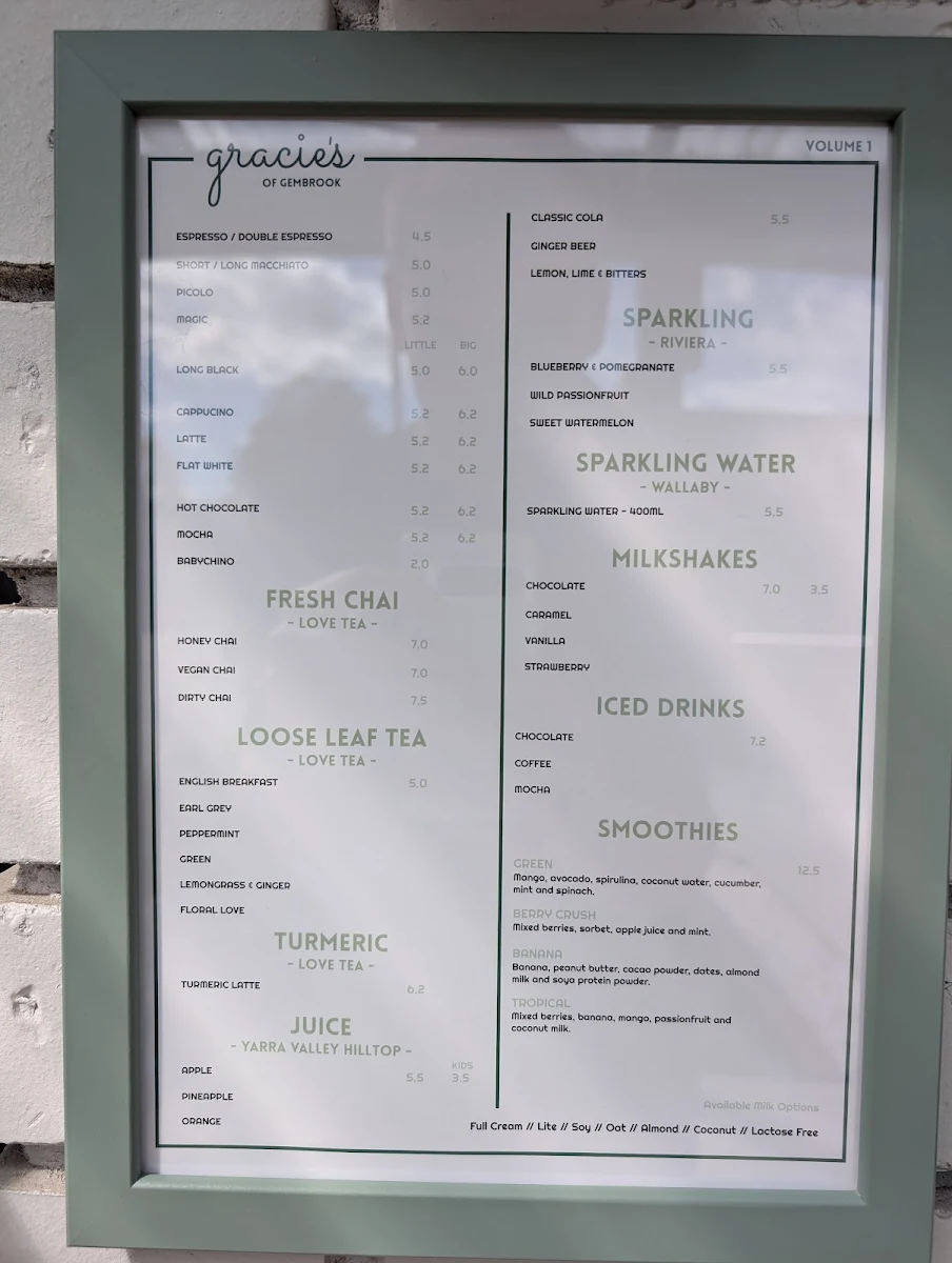 Menu, Gracie's of Gembrook
