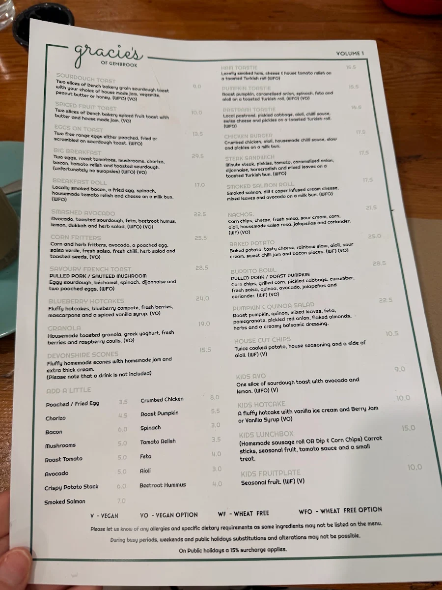 Menu, Gracie's of Gembrook