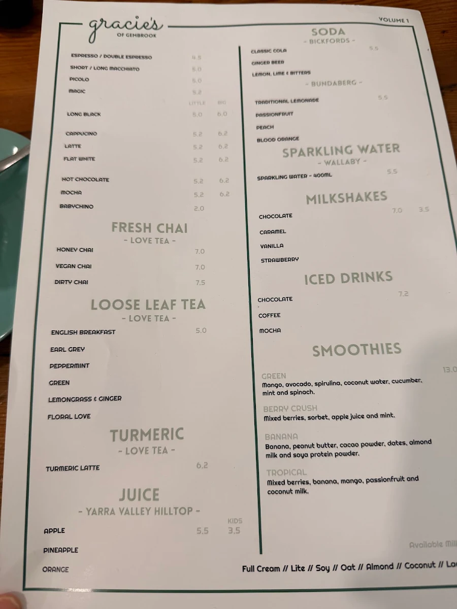 Menu, Gracie's of Gembrook