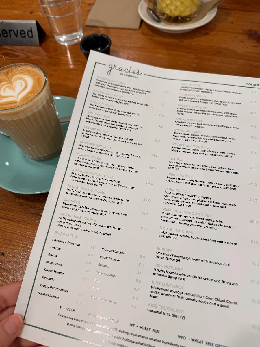 Menu, Gracie's of Gembrook