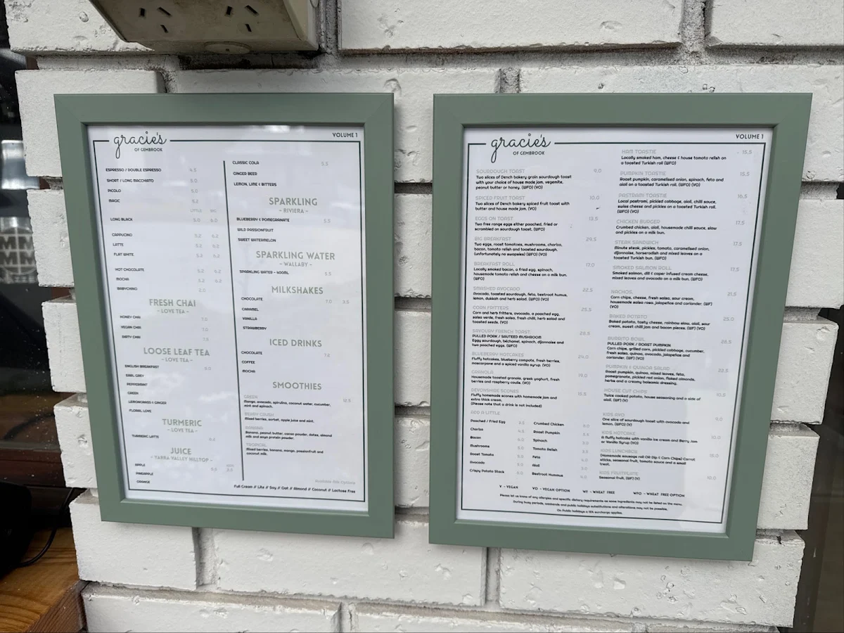 Menu, Gracie's of Gembrook