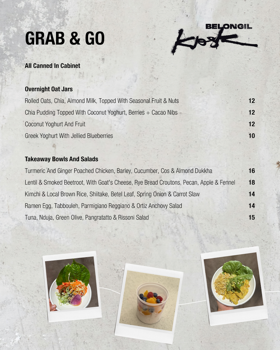 Menu, The Belongil Kiosk