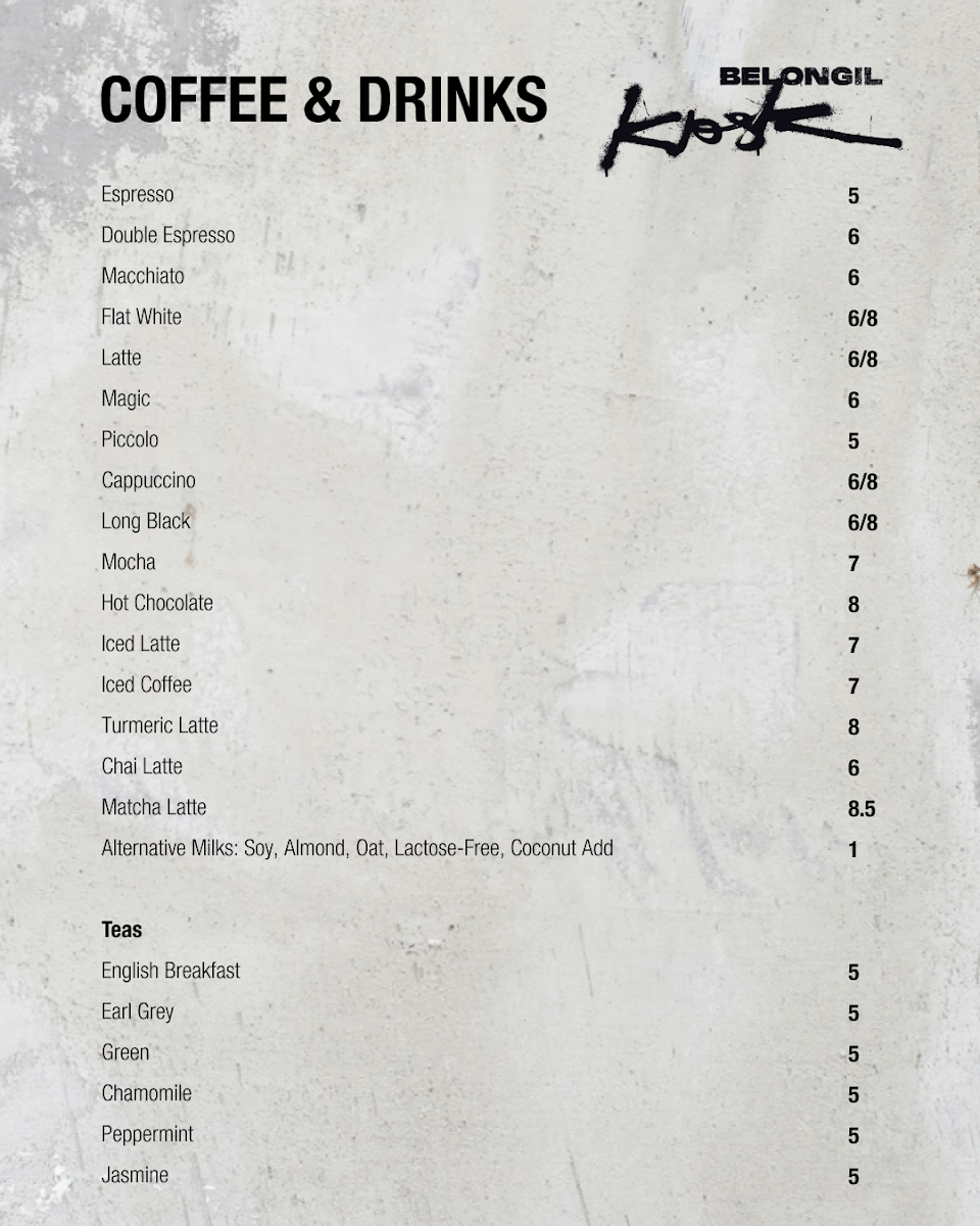 Menu, The Belongil Kiosk