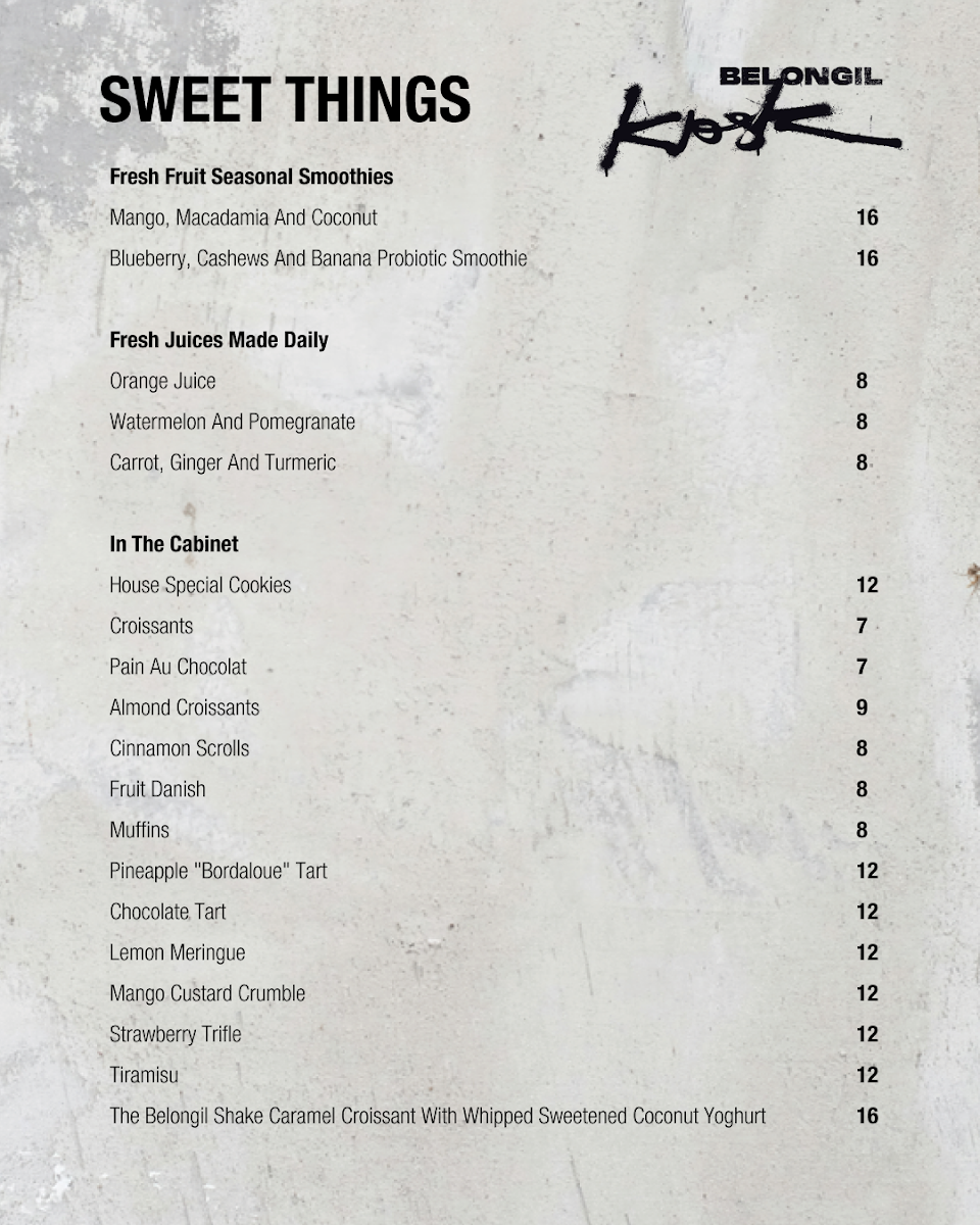 Menu, The Belongil Kiosk