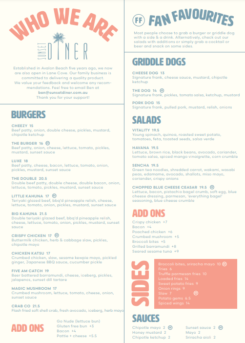 Menu, SUNSET DINER
