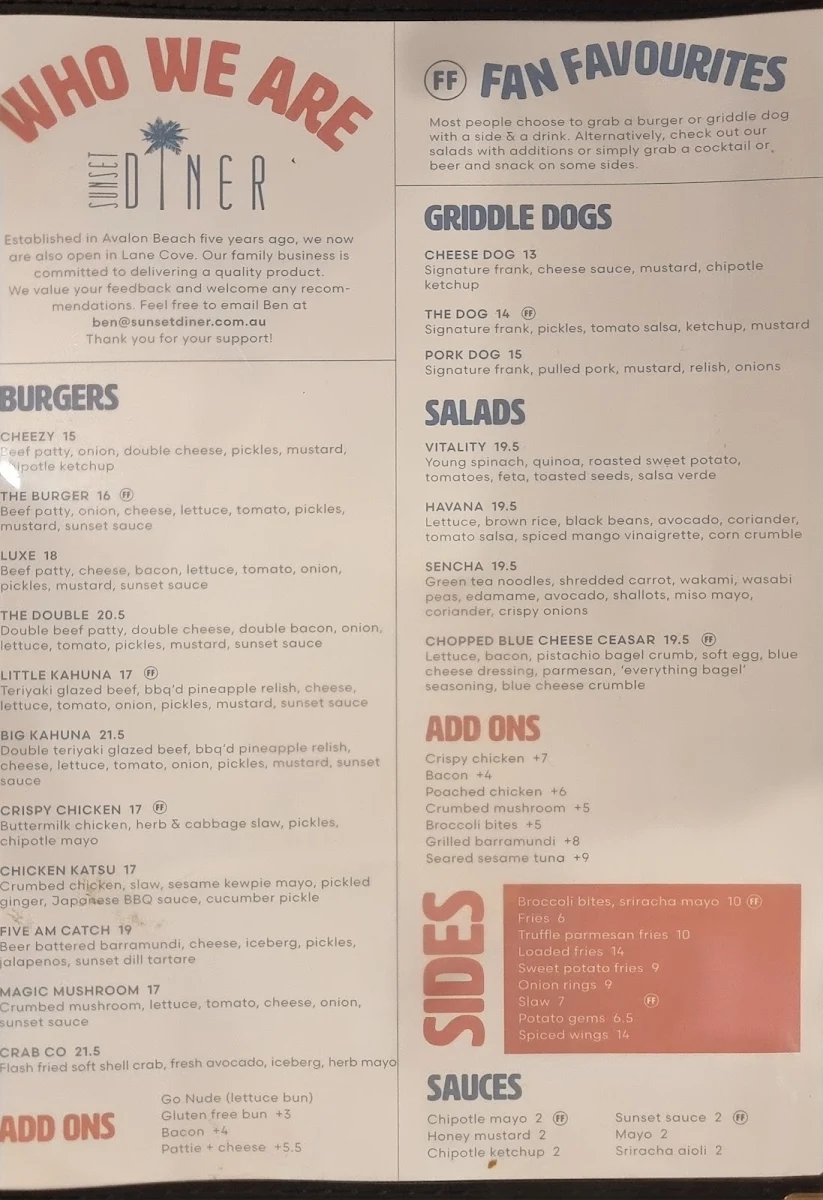 Menu, SUNSET DINER