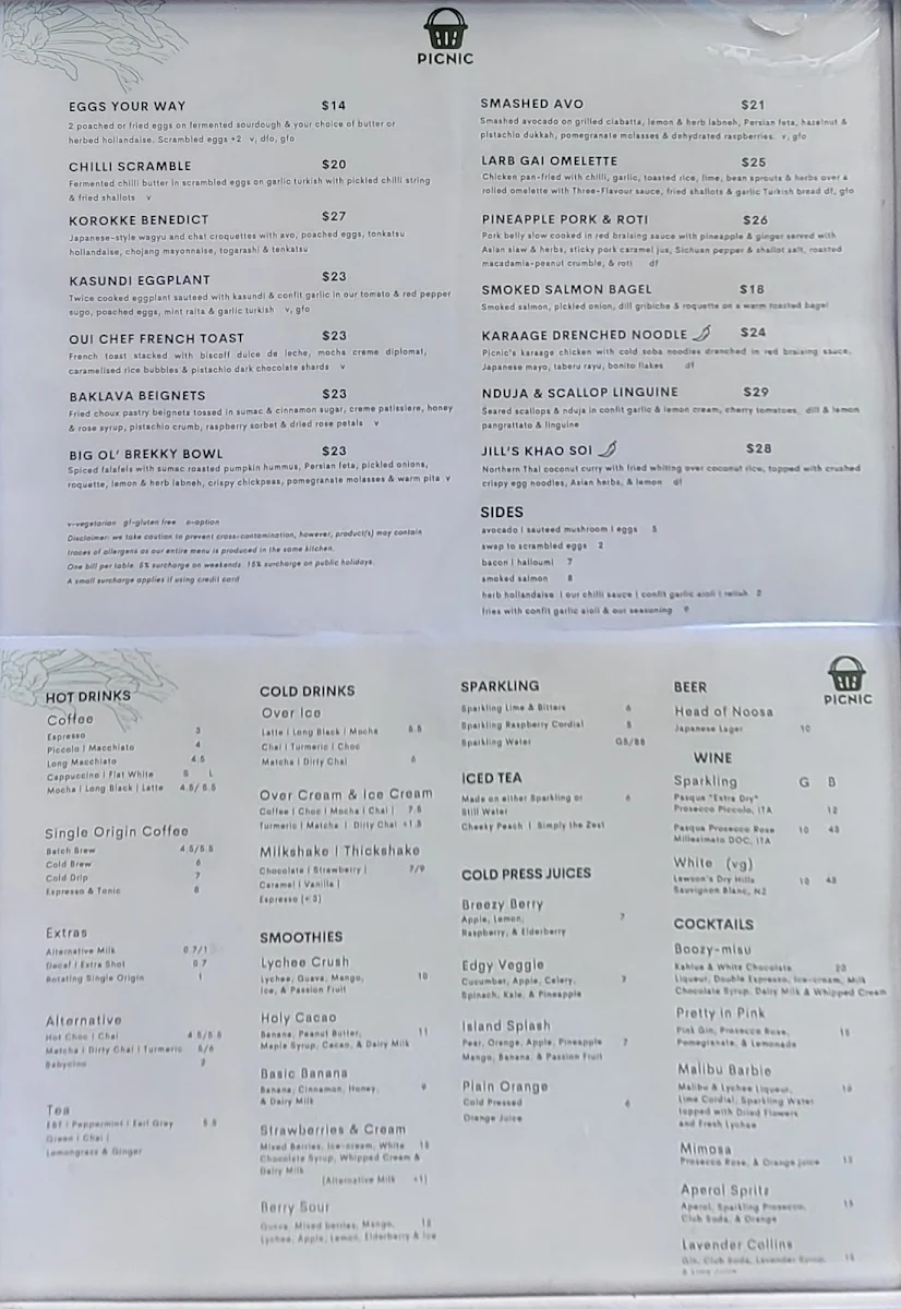 Menu, Picnic Cafe