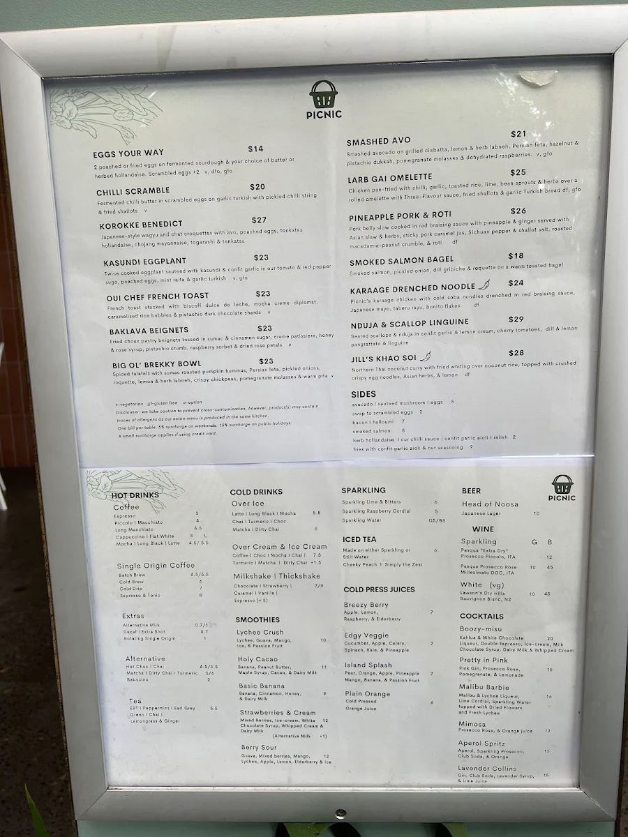 Menu, Picnic Cafe