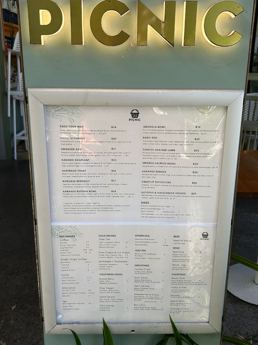 Menu, Picnic Cafe