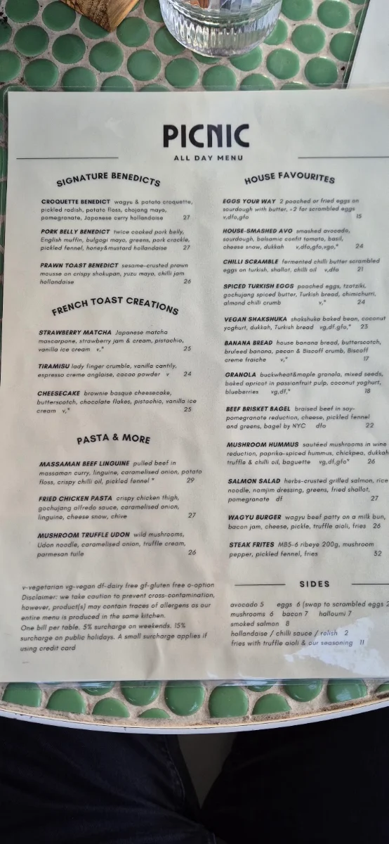 Menu, Picnic Cafe