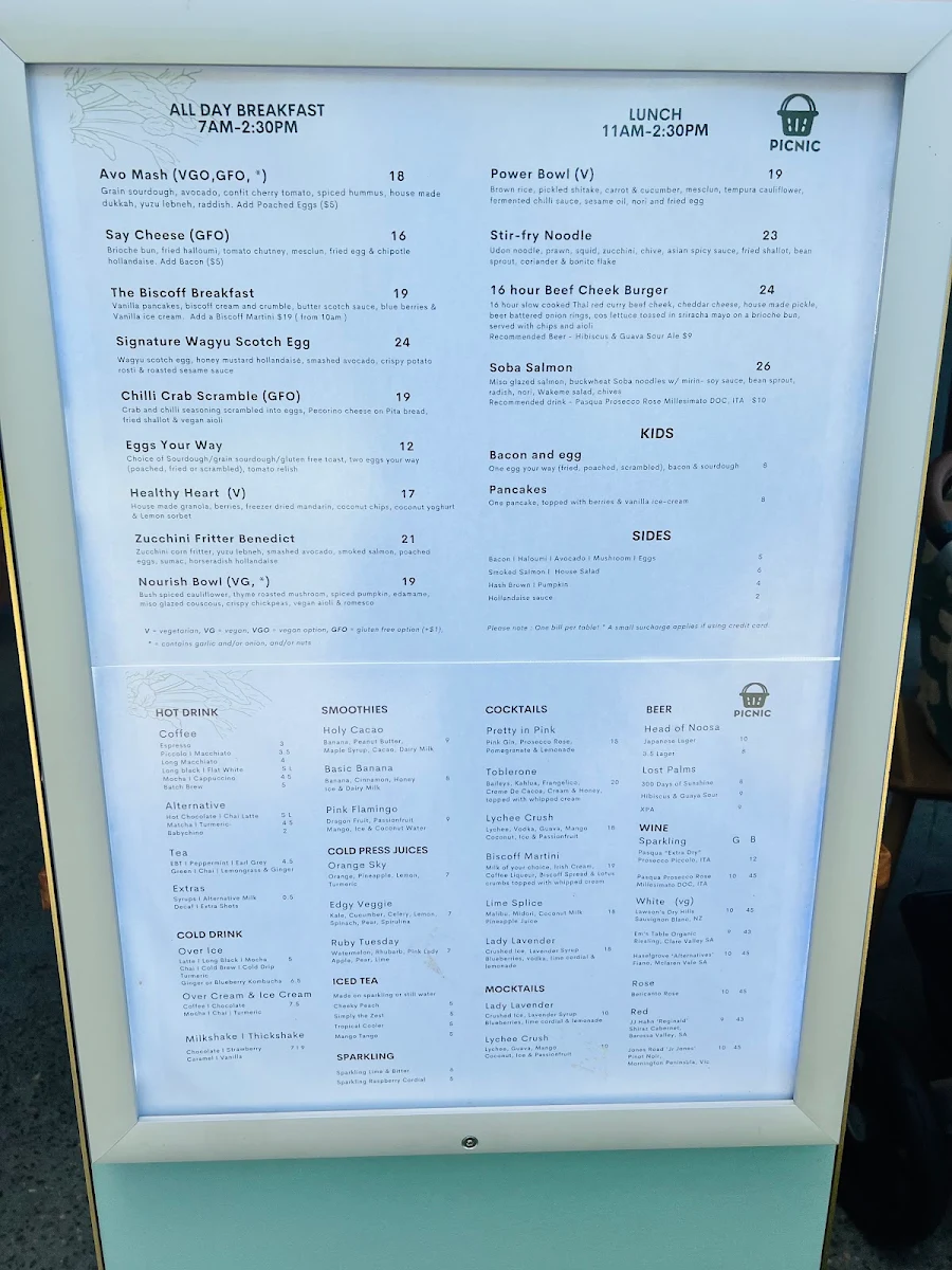 Menu, Picnic Cafe