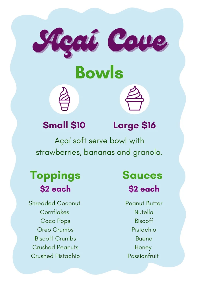 Menu, Açai Cove