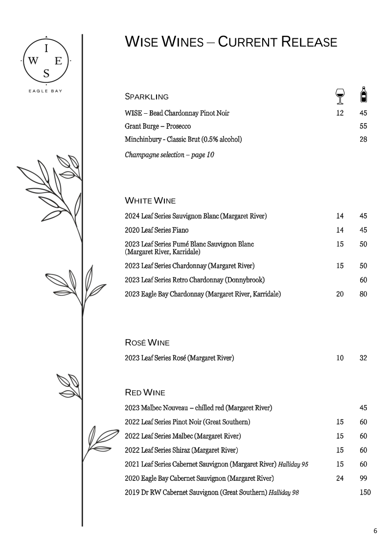 Menu, Wise Eagle Bay Restaurant