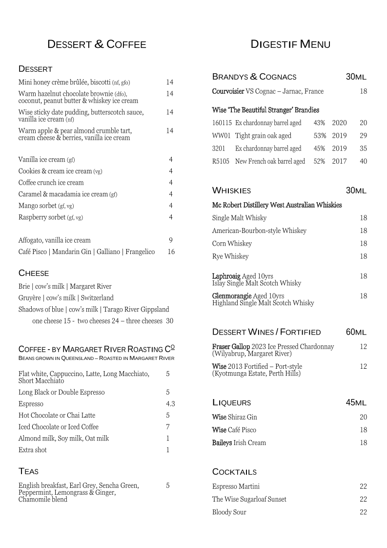 Menu, Wise Eagle Bay Restaurant