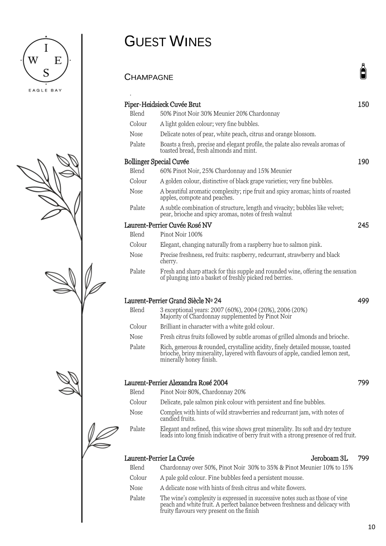 Menu, Wise Eagle Bay Restaurant