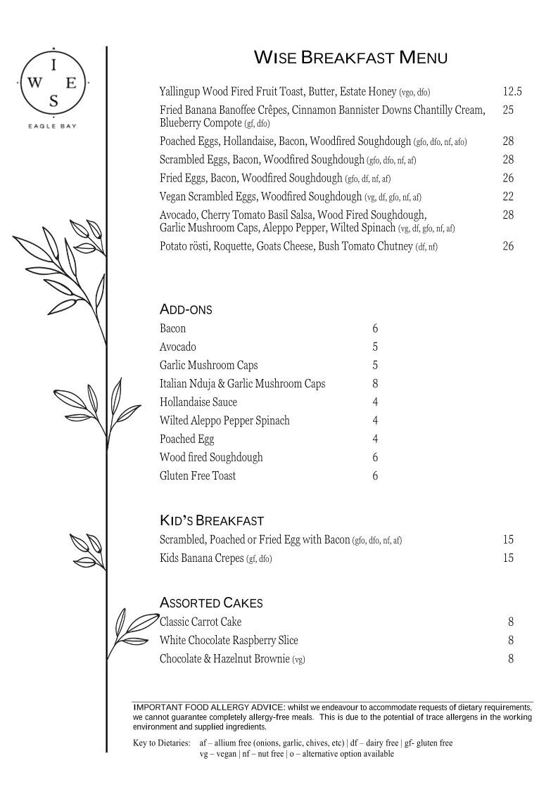 Menu, Wise Eagle Bay Restaurant