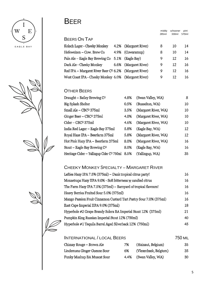 Menu, Wise Eagle Bay Restaurant