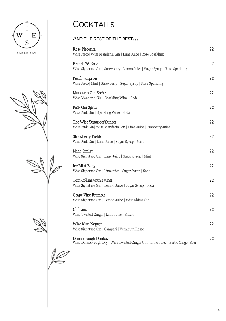 Menu, Wise Eagle Bay Restaurant