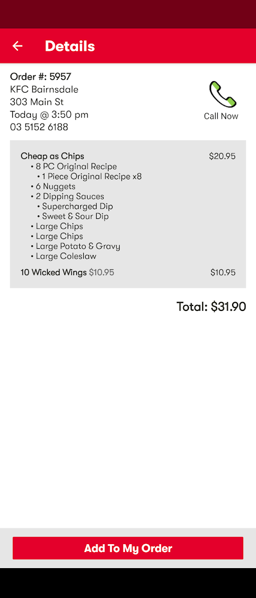 Menu, KFC Bairnsdale