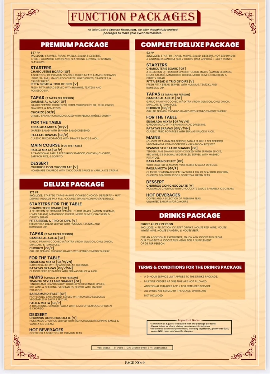 Menu, Lola Cocina Spanish Restaurant Crows Nest