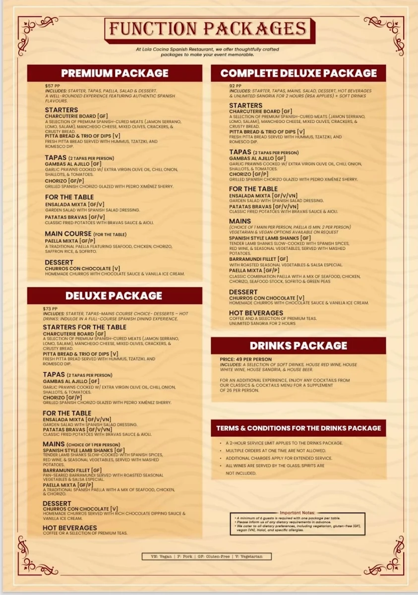 Menu, Lola Cocina Spanish Restaurant Crows Nest