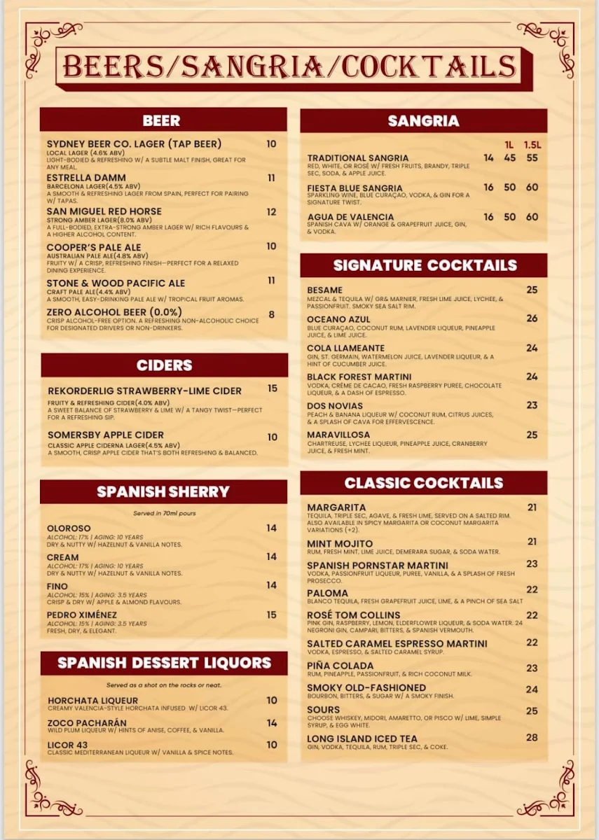 Menu, Lola Cocina Spanish Restaurant Crows Nest