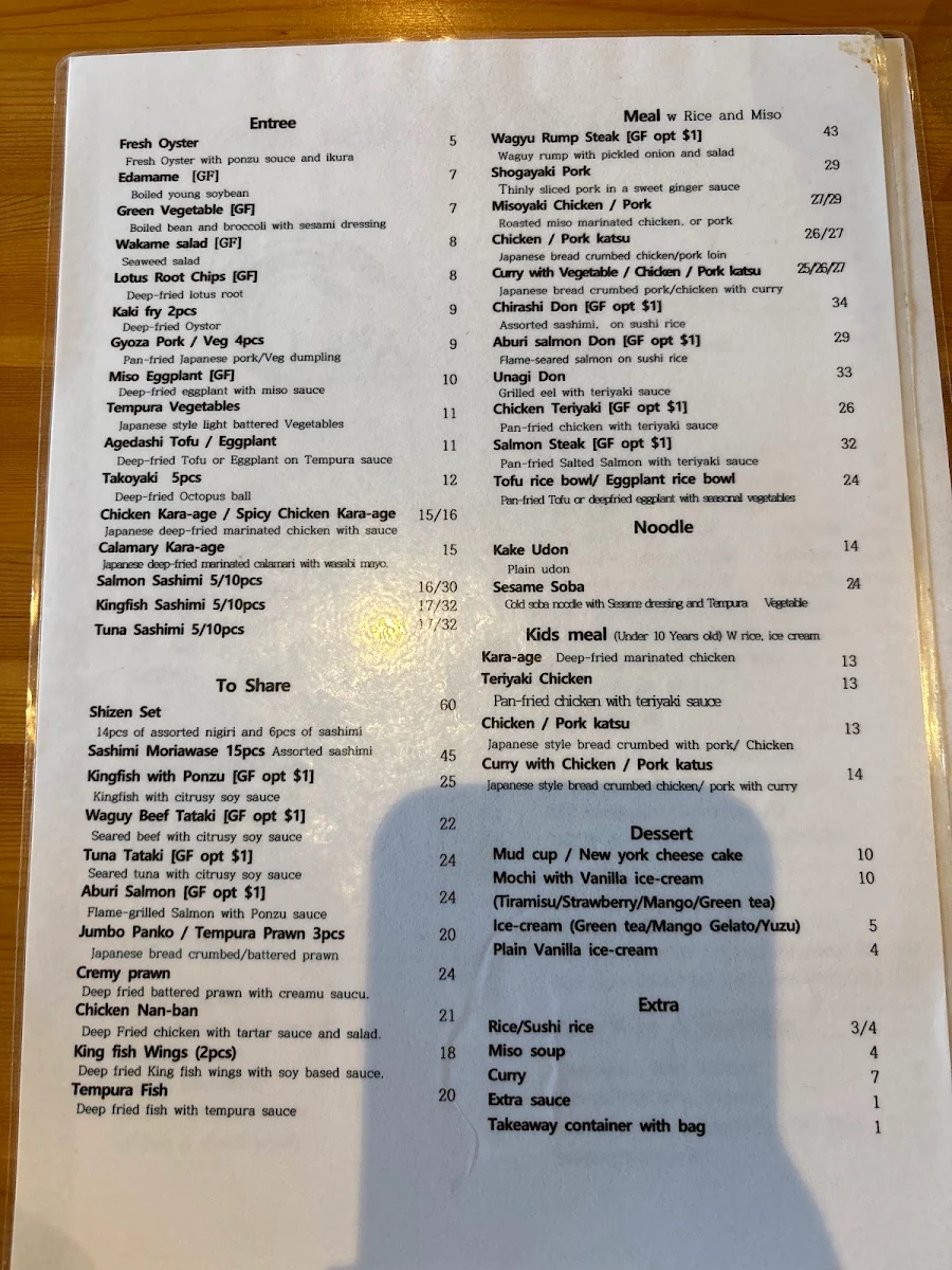 Menu, Shizen Japanese Cuisine