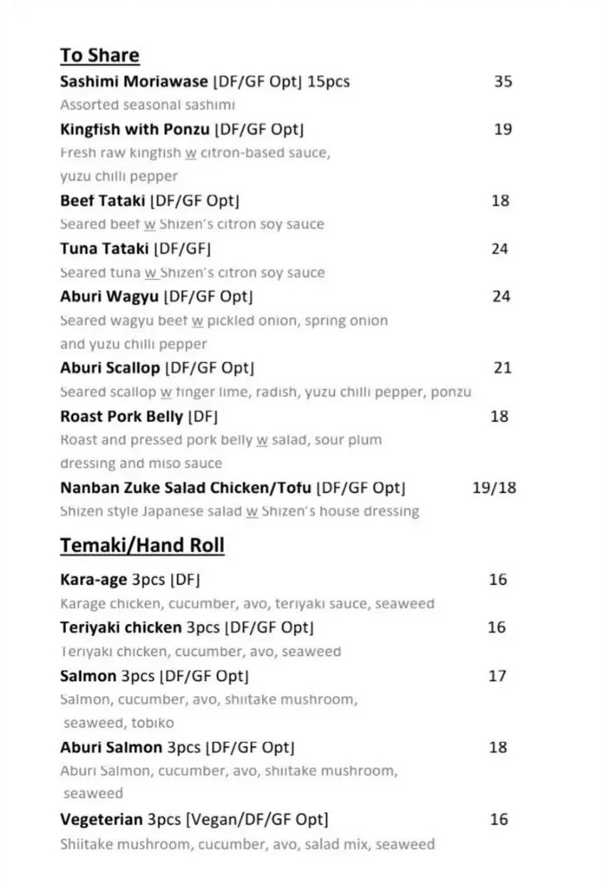 Menu, Shizen Japanese Cuisine