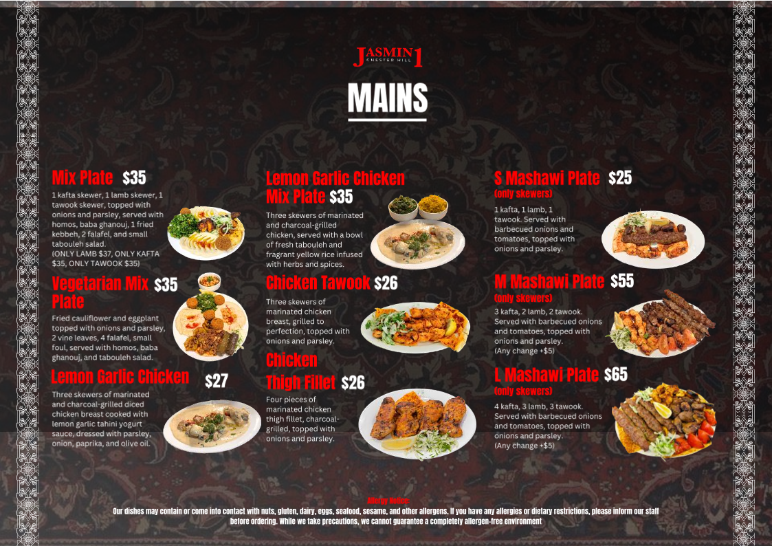 Menu, Jasmin1 Chester Hill