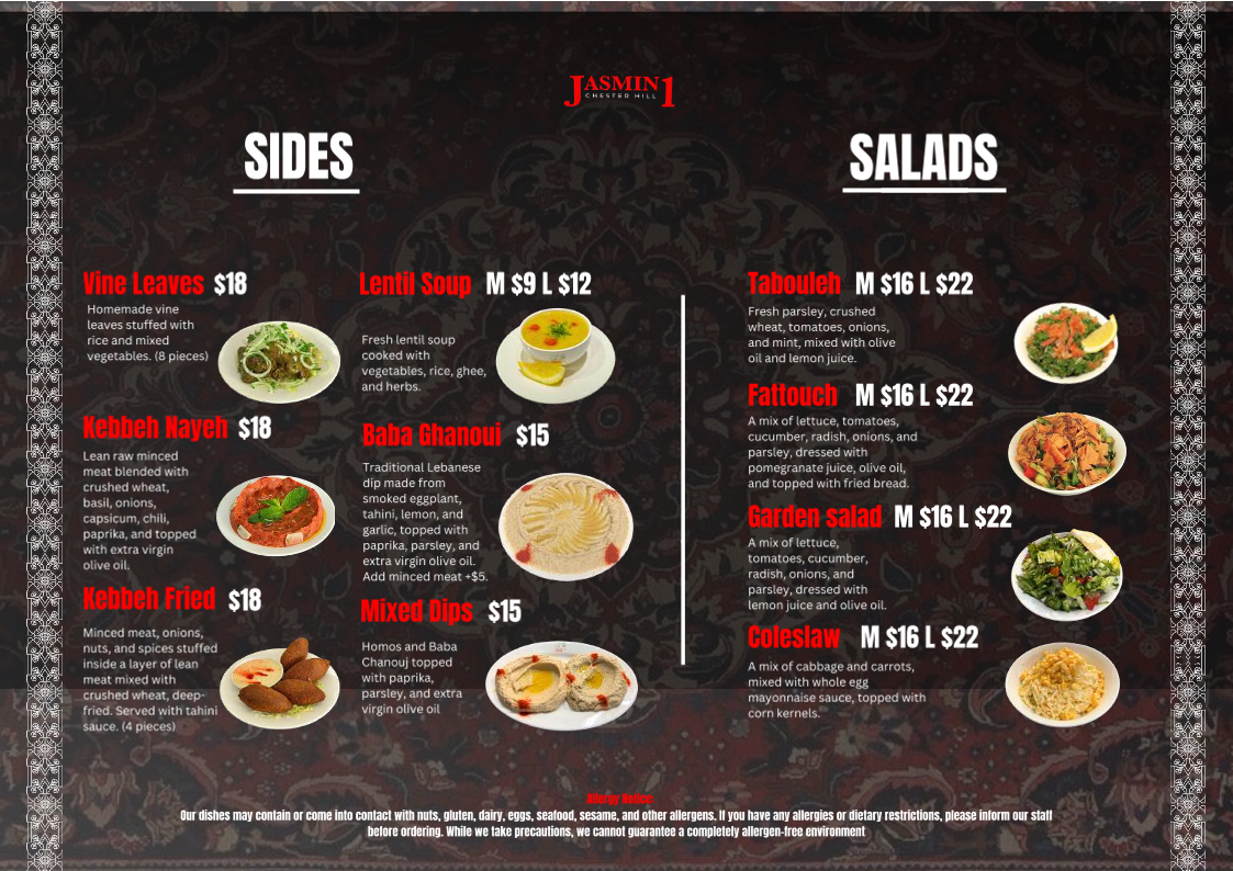 Menu, Jasmin1 Chester Hill