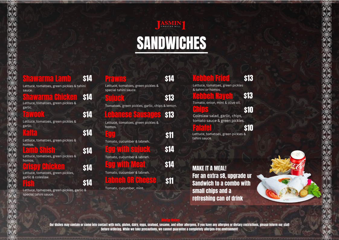 Menu, Jasmin1 Chester Hill