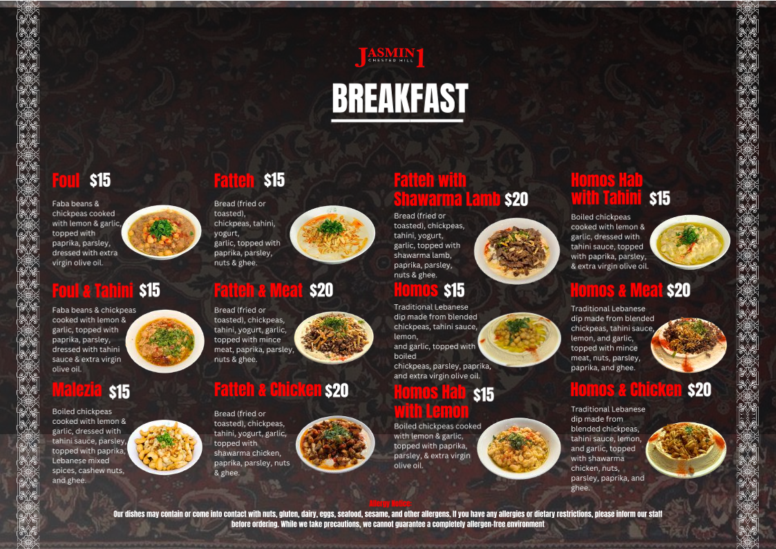 Menu, Jasmin1 Chester Hill