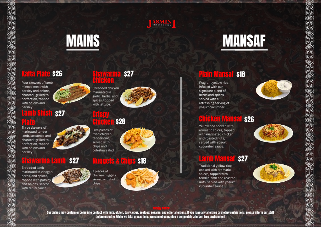 Menu, Jasmin1 Chester Hill