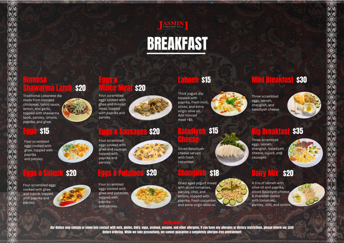 Menu, Jasmin1 Chester Hill