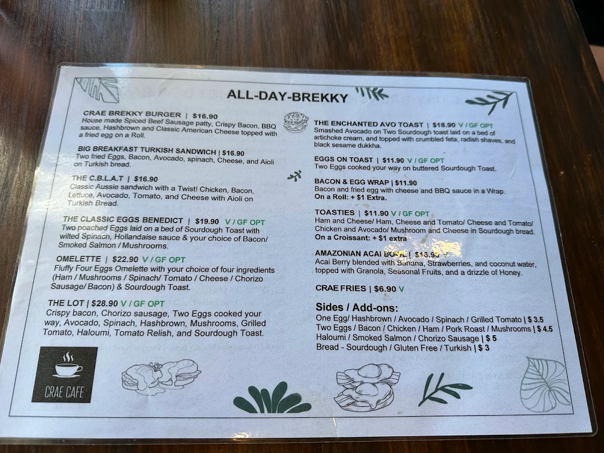 Menu, CRAE CAFE