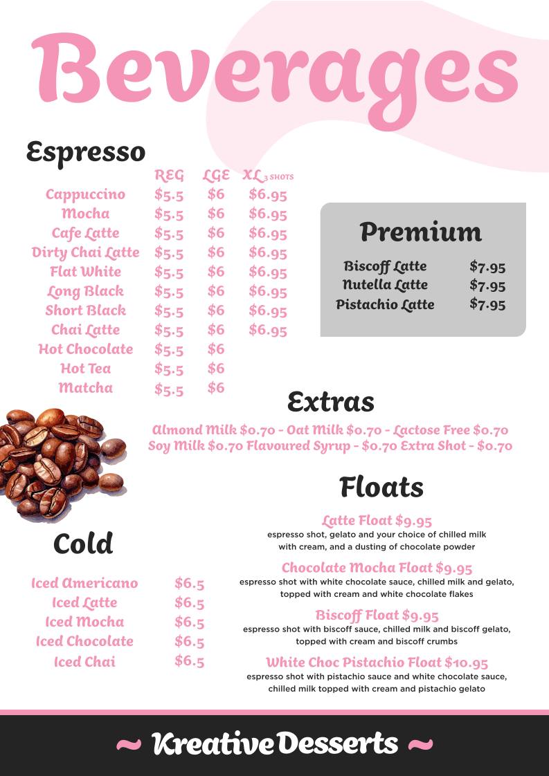 Menu, Kreative Desserts Ipswich