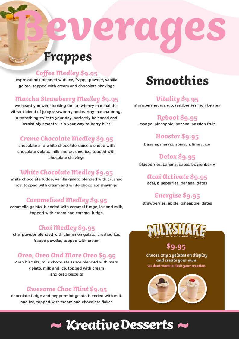 Menu, Kreative Desserts Ipswich
