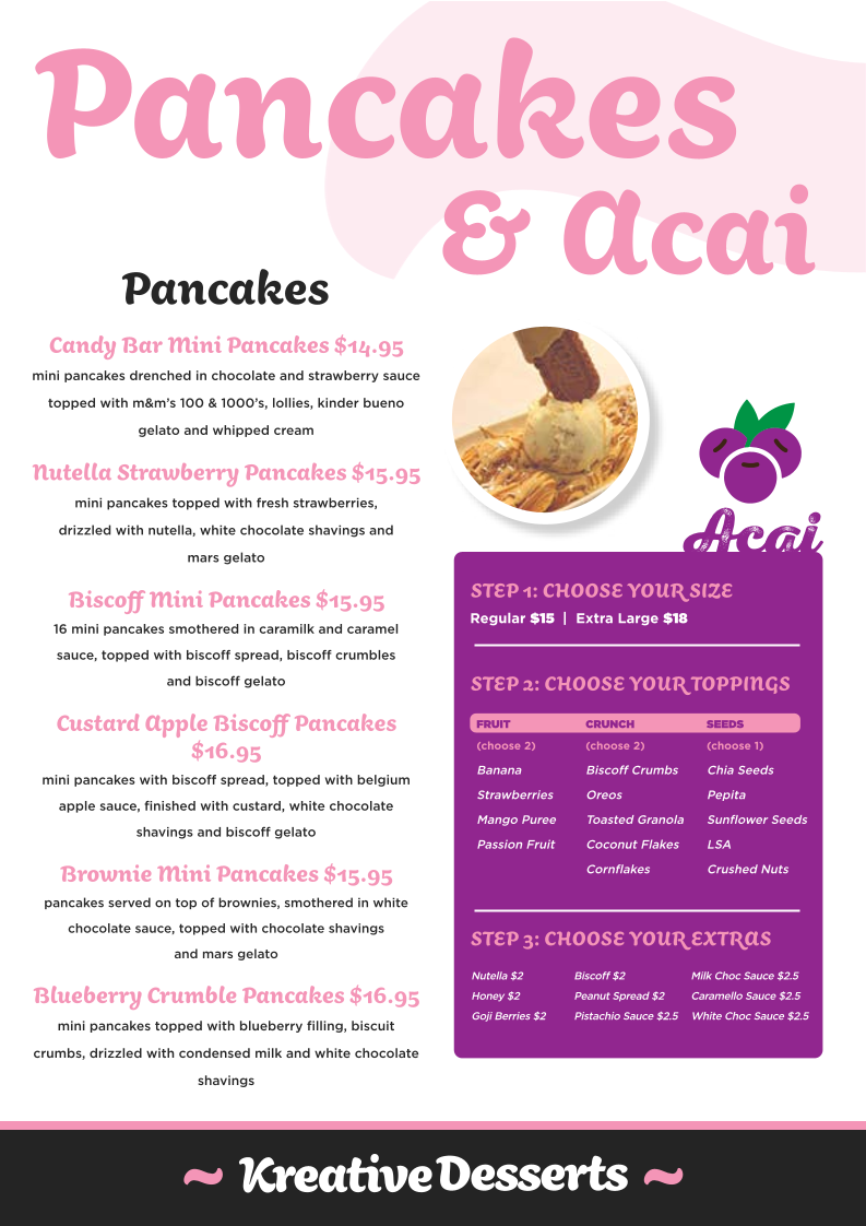 Menu, Kreative Desserts Ipswich