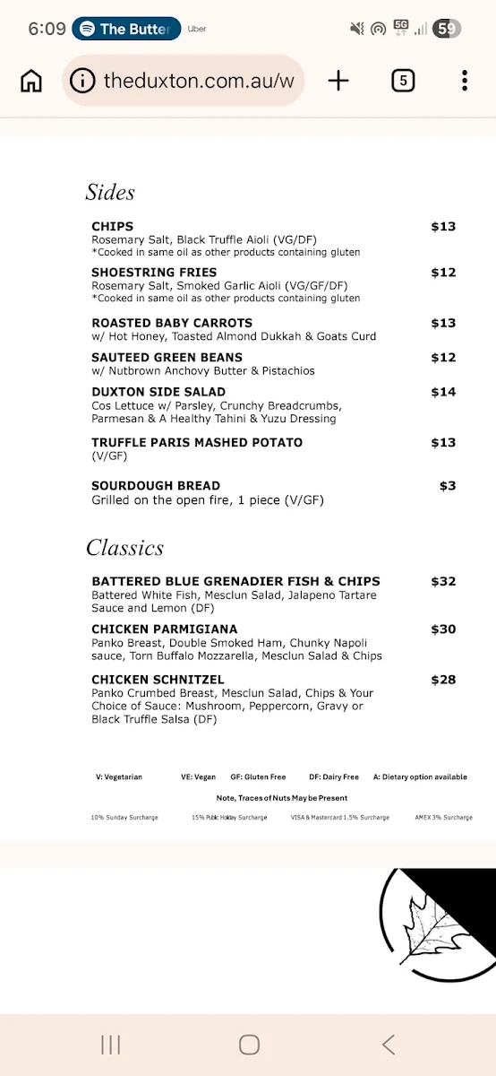 Menu, The Duxton