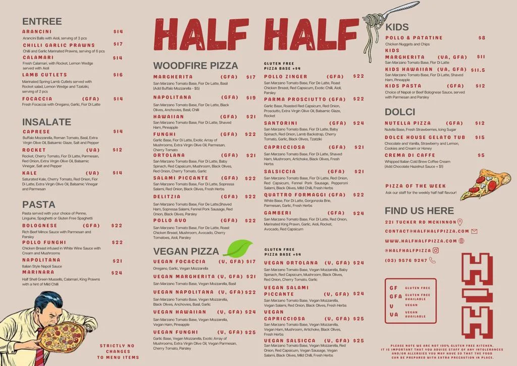 Menu, Half Half Pizza