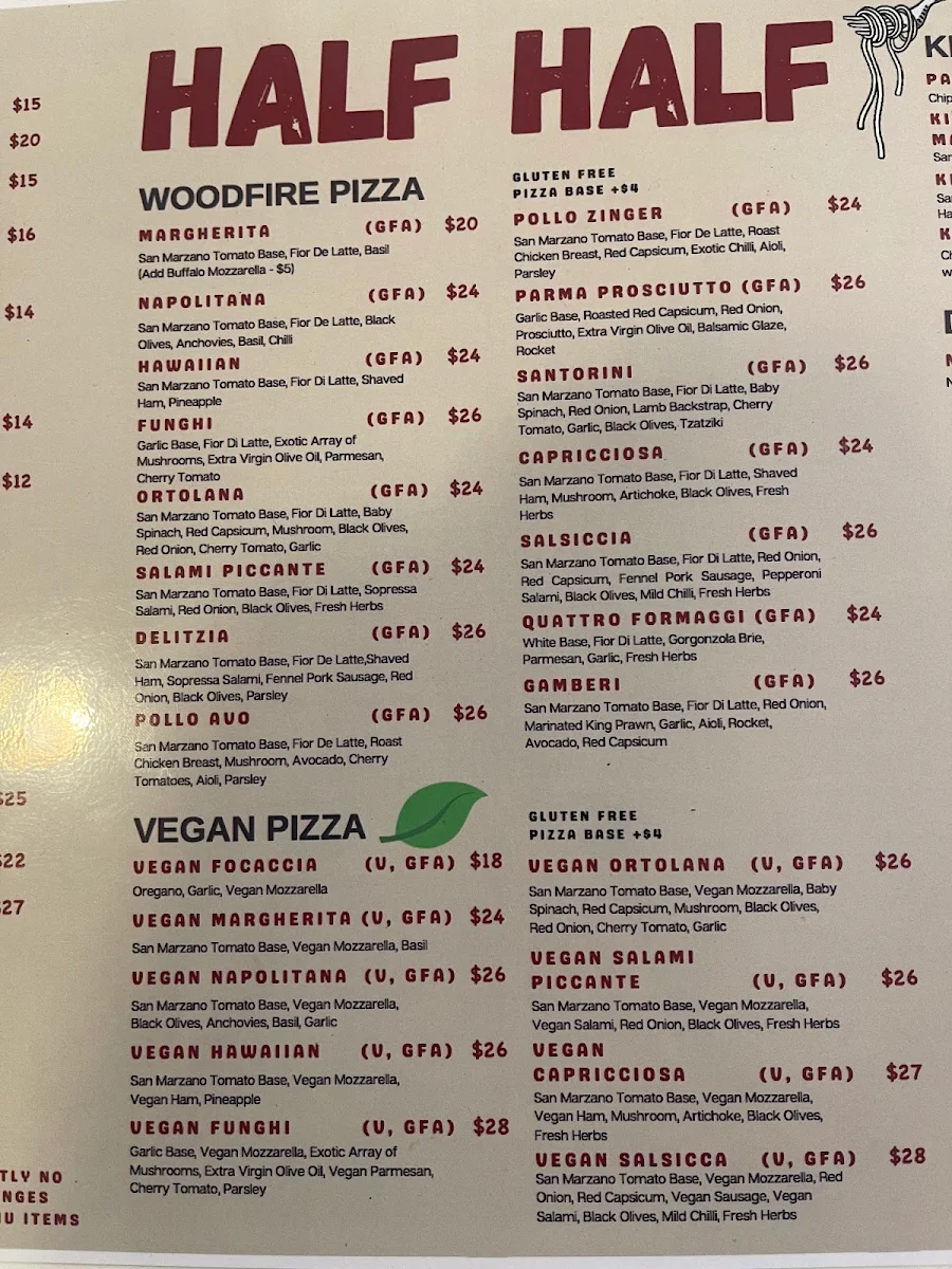 Menu, Half Half Pizza