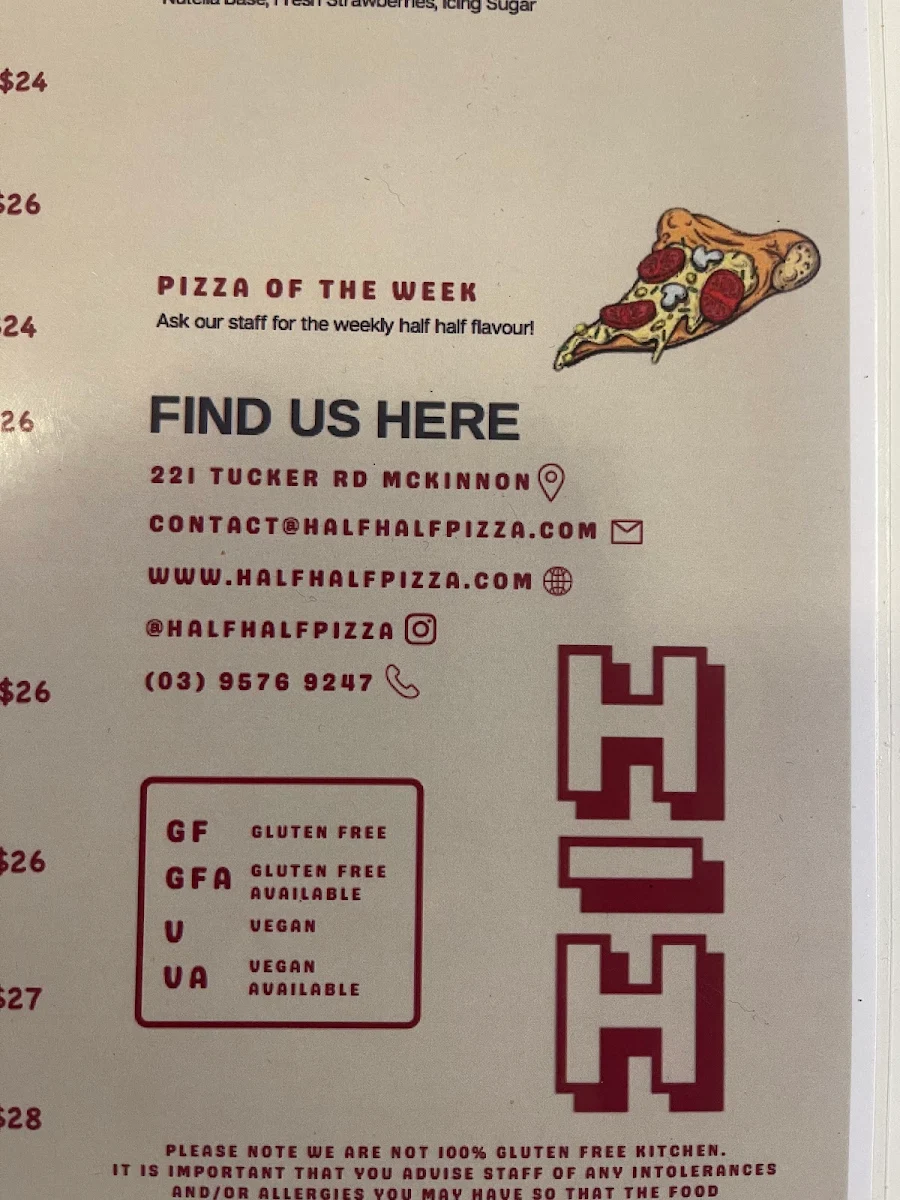 Menu, Half Half Pizza