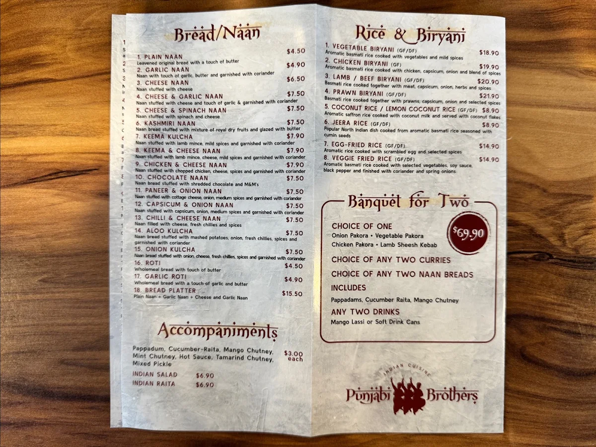 Menu, Punjabi Brothers - Indian Cuisine Kenmore