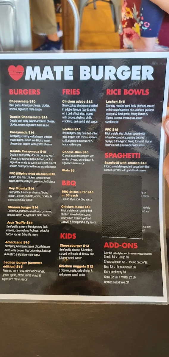 Menu, Mate Burger