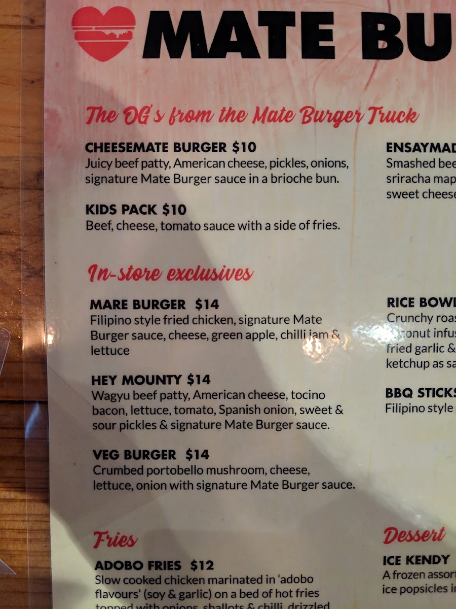 Menu, Mate Burger