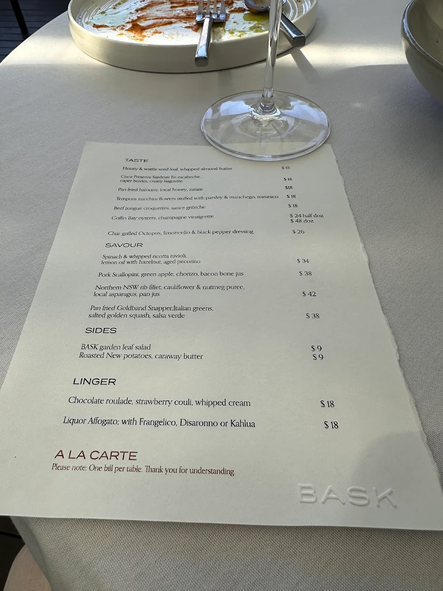 Menu, Bask Restaurant