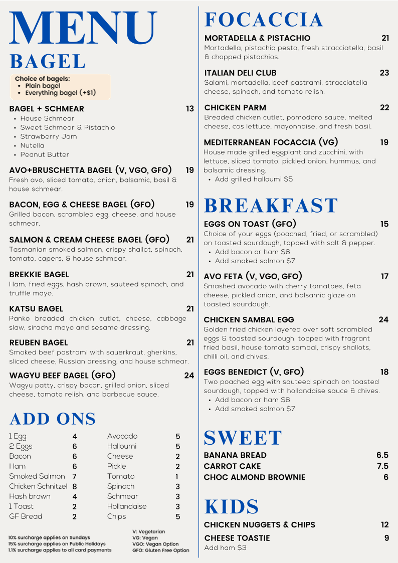 Menu, The Gully Cafe & Bagel Shop