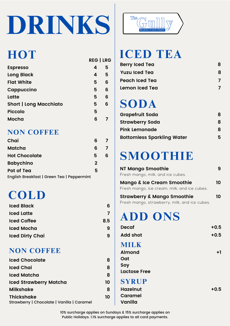Menu, The Gully Cafe & Bagel Shop