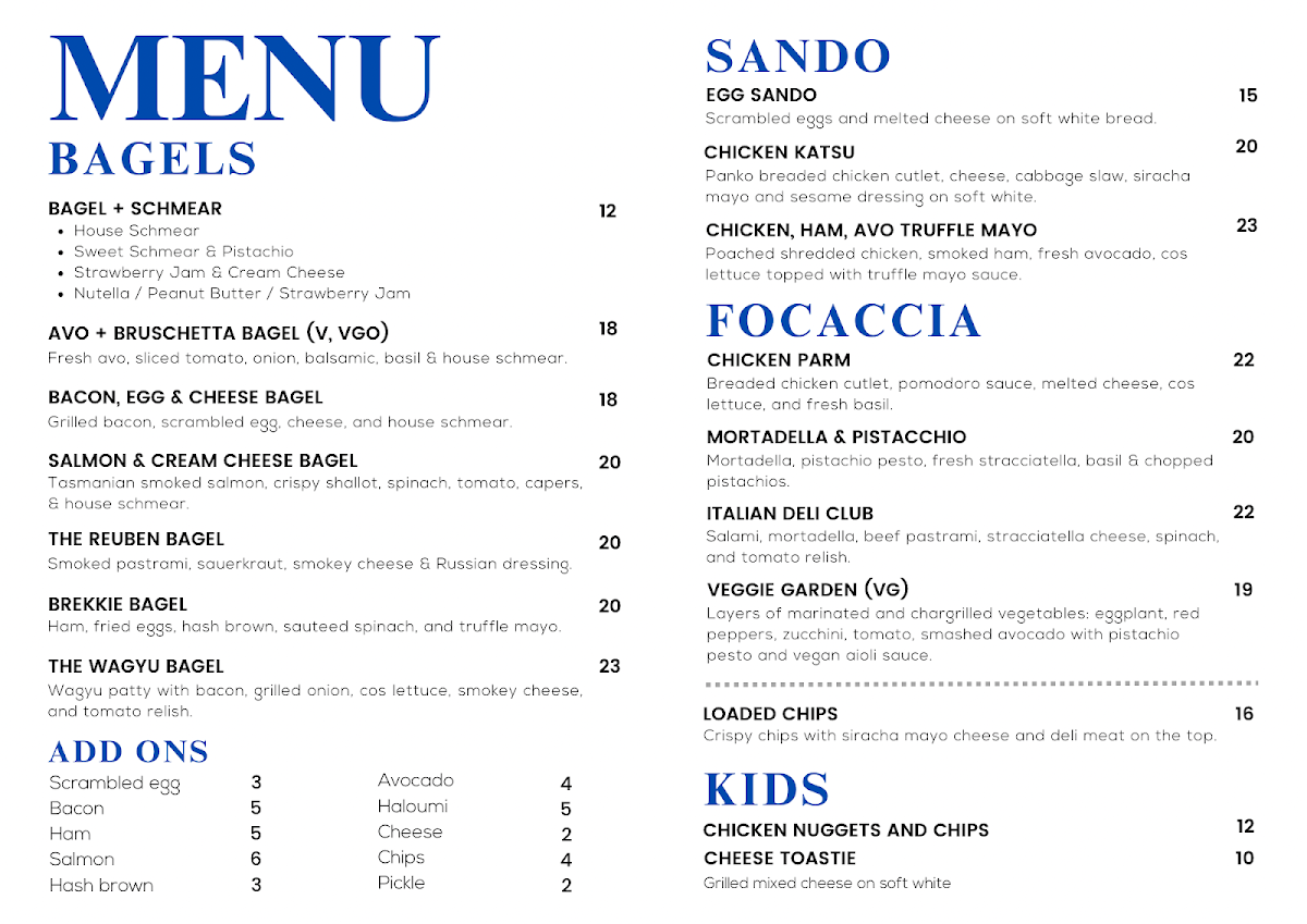 Menu, The Gully Cafe & Bagel Shop