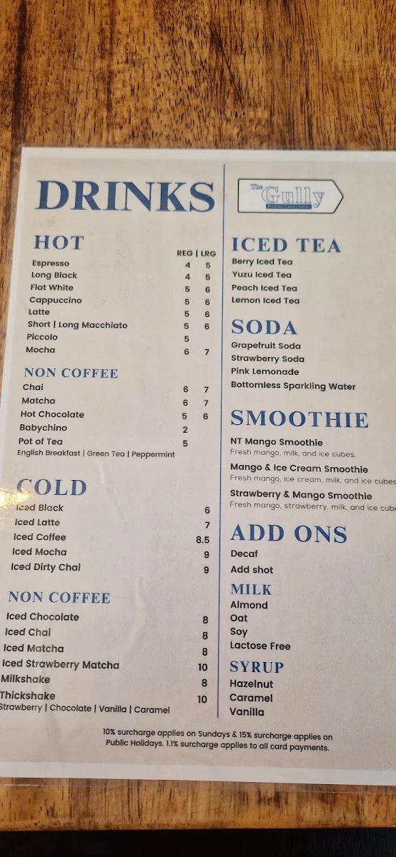Menu, The Gully Cafe & Bagel Shop